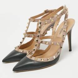 Pre Owned Valentino Green/Beige Leather Rockstud Pumps Size 37.5