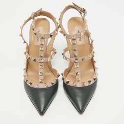 Pre Owned Valentino Green/Beige Leather Rockstud Pumps Size 37.5