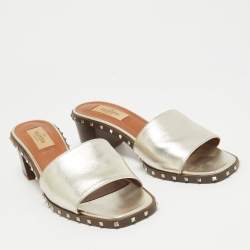 Pre Owned Valentino Gold Leather Soul Rockstud Slide Sandals Size 37