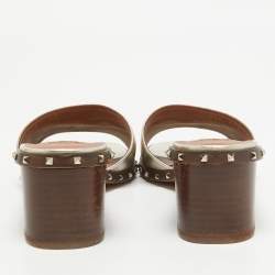 Pre Owned Valentino Gold Leather Soul Rockstud Slide Sandals Size 37