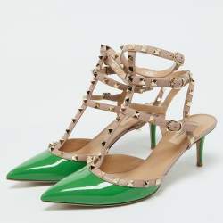 Pre Owned Valentino Green/Beige Patent Leather Rockstud Ankle Strap Sandals Size 41