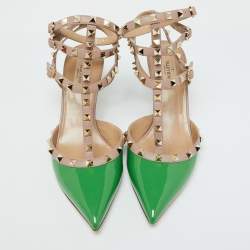 Pre Owned Valentino Green/Beige Patent Leather Rockstud Ankle Strap Sandals Size 41
