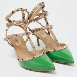 Pre Owned Valentino Green/Beige Patent Leather Rockstud Ankle Strap Sandals Size 41