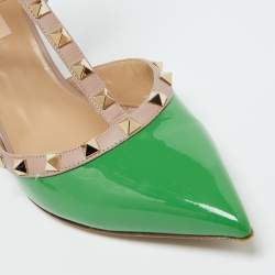 Pre Owned Valentino Green/Beige Patent Leather Rockstud Ankle Strap Sandals Size 41