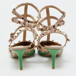 Pre Owned Valentino Green/Beige Patent Leather Rockstud Ankle Strap Sandals Size 41