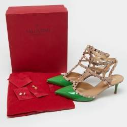 Pre Owned Valentino Green/Beige Patent Leather Rockstud Ankle Strap Sandals Size 41