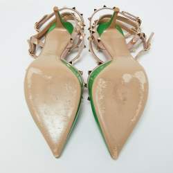 Pre Owned Valentino Green/Beige Patent Leather Rockstud Ankle Strap Sandals Size 41