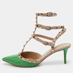 Pre Owned Valentino Green/Beige Patent Leather Rockstud Ankle Strap Sandals Size 41