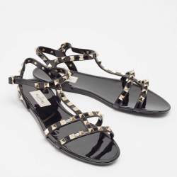 Pre Owned Valentino Black Rubber Rockstud Flat Sandals Size 39