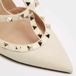 Valentino Cream Leather Rockstud Ankle Strap Pumps Size 39.5