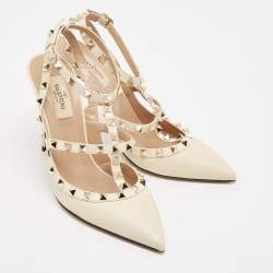 Valentino Cream Leather Rockstud Ankle Strap Pumps Size 39.5