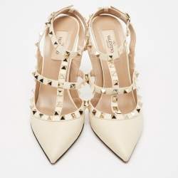 Valentino Cream Leather Rockstud Ankle Strap Pumps Size 39.5