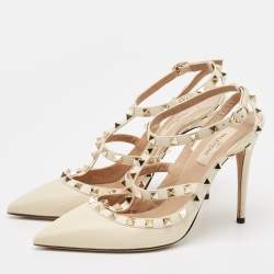 Valentino Cream Leather Rockstud Ankle Strap Pumps Size 39.5