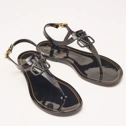 Pre Owned Valentino Black Jelly Escape V Logo Thong Flat Sandals Size 38