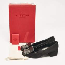 Valentino Black Suede Crystal Embellished Block Heel Pumps Size 40