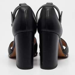 Pre Owned Valentino Black Leather Soul Rockstud Block Heel Ankle Strap Sandals Size 39
