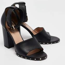 Pre Owned Valentino Black Leather Soul Rockstud Block Heel Ankle Strap Sandals Size 39