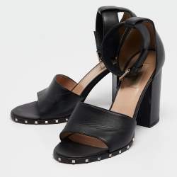 Pre Owned Valentino Black Leather Soul Rockstud Block Heel Ankle Strap Sandals Size 39