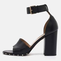 Pre Owned Valentino Black Leather Soul Rockstud Block Heel Ankle Strap Sandals Size 39