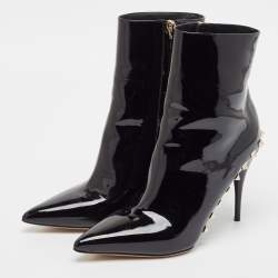 Pre Owned Valentino Black Patent Leather Rockstud Ankle Length Boots Size 38.5