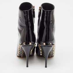 Pre Owned Valentino Black Patent Leather Rockstud Ankle Length Boots Size 38.5