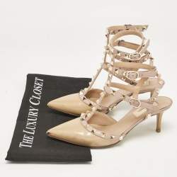 Valentino Beige Patent Leather Rockstud Ankle Strap Pumps Size 36