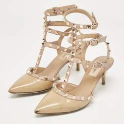 Valentino Beige Patent Leather Rockstud Ankle Strap Pumps Size 36