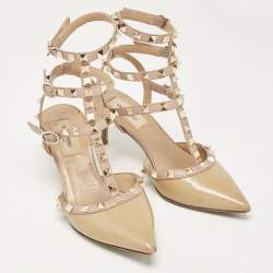 Valentino Beige Patent Leather Rockstud Ankle Strap Pumps Size 36