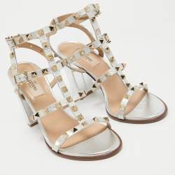 Pre Owned Valentino Silver Leather Rockstud Ankle Strap Sandals Size 38