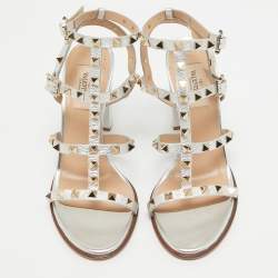 Pre Owned Valentino Silver Leather Rockstud Ankle Strap Sandals Size 38