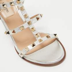 Pre Owned Valentino Silver Leather Rockstud Ankle Strap Sandals Size 38
