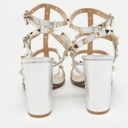 Pre Owned Valentino Silver Leather Rockstud Ankle Strap Sandals Size 38