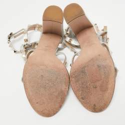 Pre Owned Valentino Silver Leather Rockstud Ankle Strap Sandals Size 38