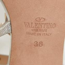 Pre Owned Valentino Silver Leather Rockstud Ankle Strap Sandals Size 38