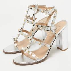 Pre Owned Valentino Silver Leather Rockstud Ankle Strap Sandals Size 38