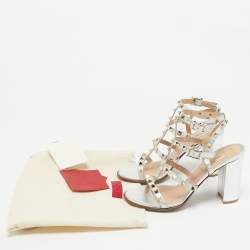 Pre Owned Valentino Silver Leather Rockstud Ankle Strap Sandals Size 38