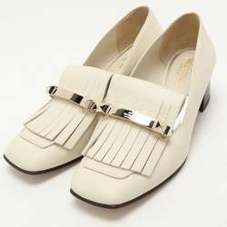 Pre Owned Valentino Off White Leather Embellished Fringe Detail Block Heel Pumps Size 37.5