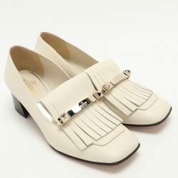 Pre Owned Valentino Off White Leather Embellished Fringe Detail Block Heel Pumps Size 37.5