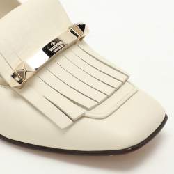 Pre Owned Valentino Off White Leather Embellished Fringe Detail Block Heel Pumps Size 37.5