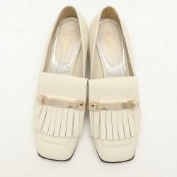Pre Owned Valentino Off White Leather Embellished Fringe Detail Block Heel Pumps Size 37.5