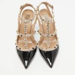 Pre Owned Valentino Black Leather and Patent Leather Rockstud Pumps Size 39