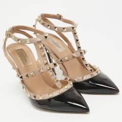 Pre Owned Valentino Black Leather and Patent Leather Rockstud Pumps Size 39