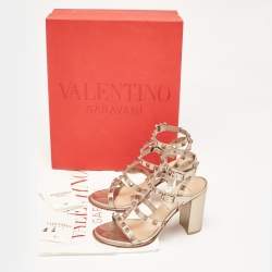 Pre Owned Valentino Metallic Beige Leather Rockstud Ankle Strap Sandals Size 35
