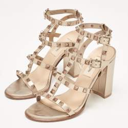 Pre Owned Valentino Metallic Beige Leather Rockstud Ankle Strap Sandals Size 35