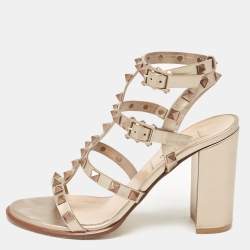 Pre Owned Valentino Metallic Beige Leather Rockstud Ankle Strap Sandals Size 35