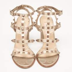 Pre Owned Valentino Metallic Beige Leather Rockstud Ankle Strap Sandals Size 35