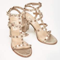 Pre Owned Valentino Metallic Beige Leather Rockstud Ankle Strap Sandals Size 35