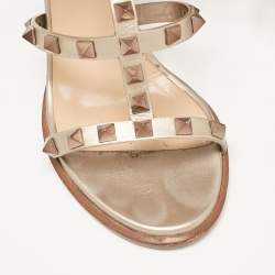 Pre Owned Valentino Metallic Beige Leather Rockstud Ankle Strap Sandals Size 35