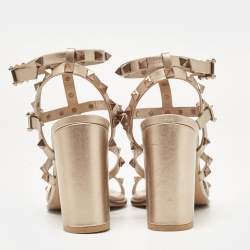 Pre Owned Valentino Metallic Beige Leather Rockstud Ankle Strap Sandals Size 35