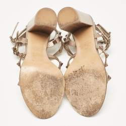 Pre Owned Valentino Metallic Beige Leather Rockstud Ankle Strap Sandals Size 35